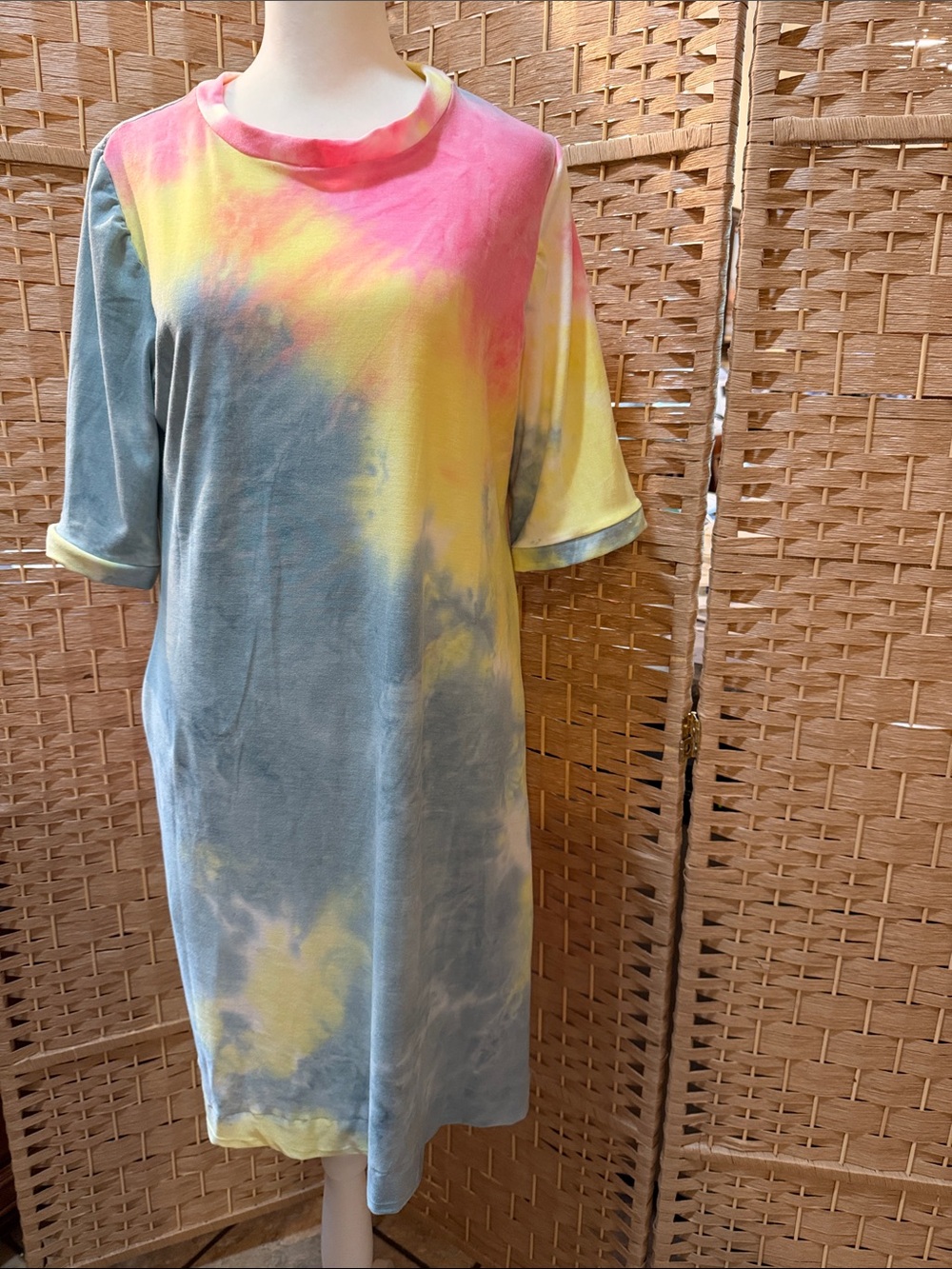 Hand Crafted Pink Yellow Blue Tie-Dye Midi Shift Dress